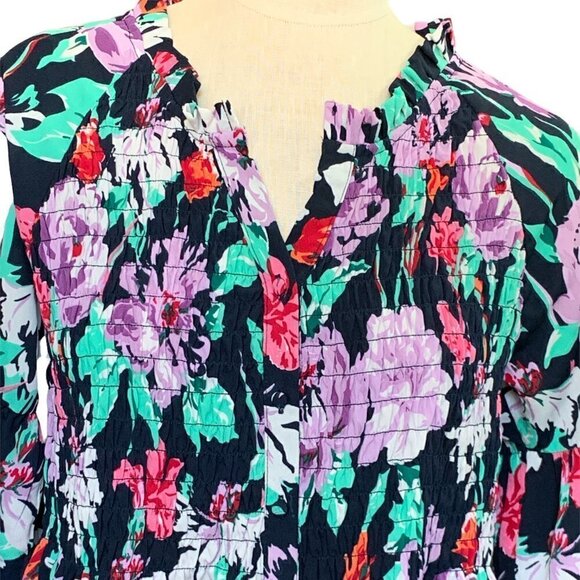 Caffe Marrakesh Tunic Top/Mini Dress Floral Smocked Button Front Sz L #17D - Picture 6 of 9